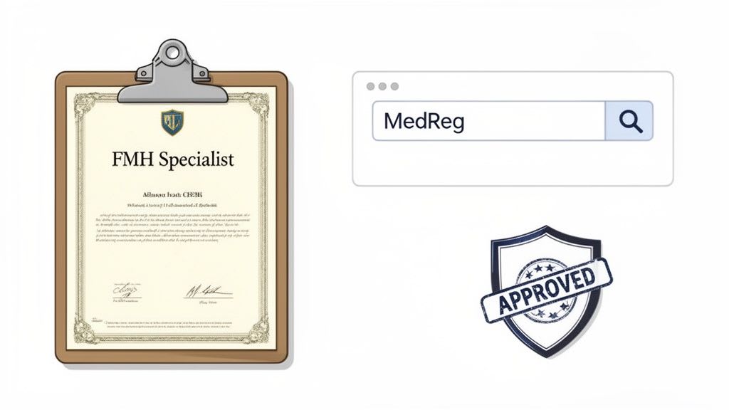Certificato di specialista FMH, barra di ricerca 'MedReg' e uno scudo 'APPROVATO', che illustra la verifica dei professionisti medici.