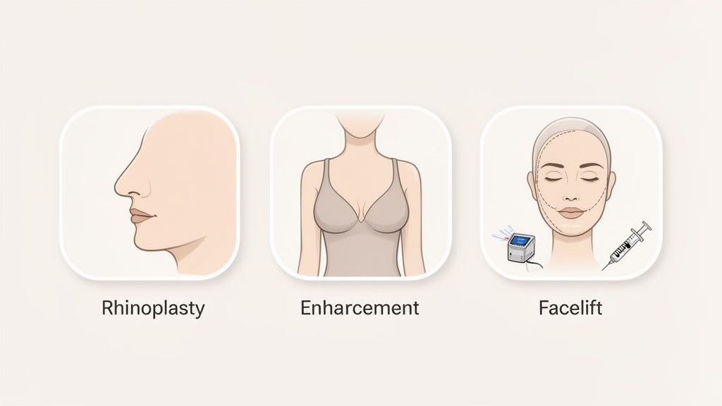Tre icone che rappresentano procedure di chirurgia plastica comuni: rinoplastica, aumento del seno e lifting.