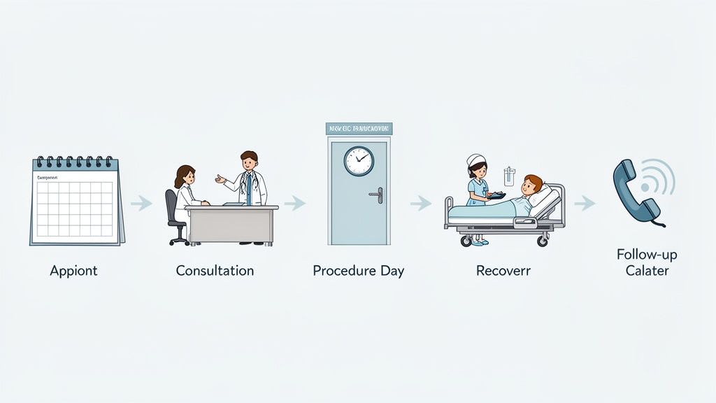 Una rappresentazione visiva del viaggio del paziente per una procedura medica, dall'appuntamento alla chiamata di follow-up.