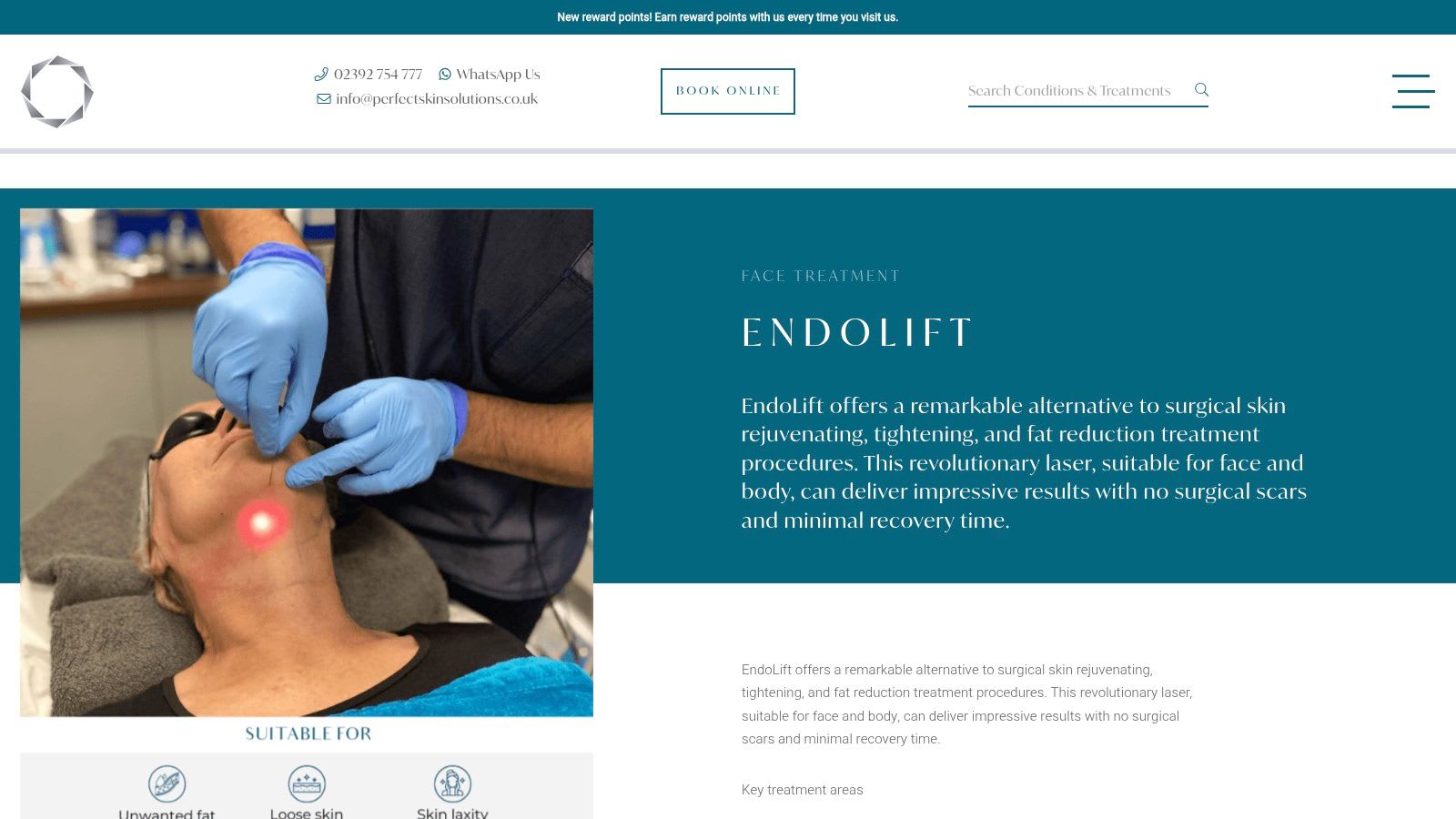 Perfect Skin Solutions (UK) – Endolift Behandlungsseite mit B&A