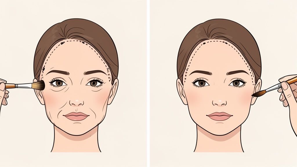 Illustrationen, die ein gealtertes Gesicht zeigen, das mit Make-up konturiert wird, und ein verjüngtes Gesicht, das die Gesichtshebung hervorhebt.