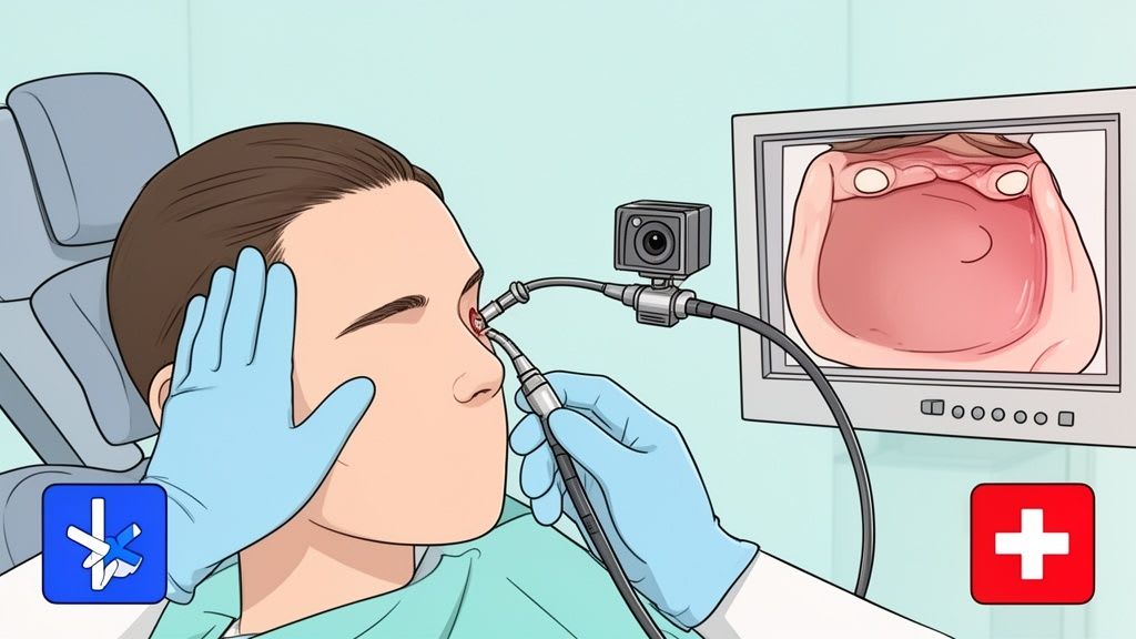 Ein medizinischer Fachmann führt ein endoskopisches Verfahren an einem Patienten durch, wobei die interne Ansicht auf einem Monitor angezeigt wird.