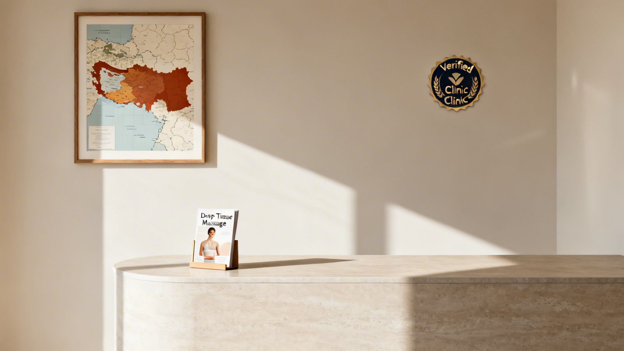A modern clinic reception area with a map, 'Verified Clinic' badge, and 'Deep Tissue Massage' brochure.
