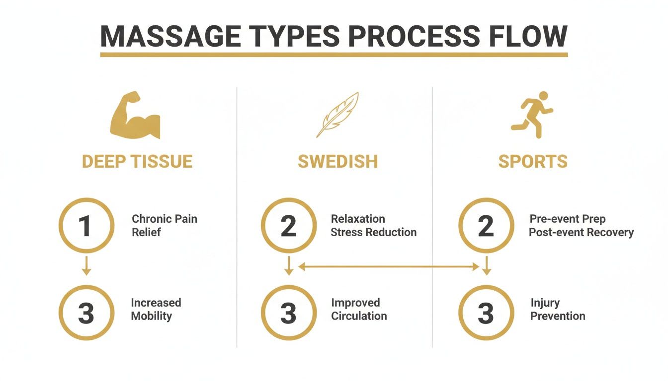 Infographic showing deep tissue, Swedish, and sports massage types with their benefits and process flow.