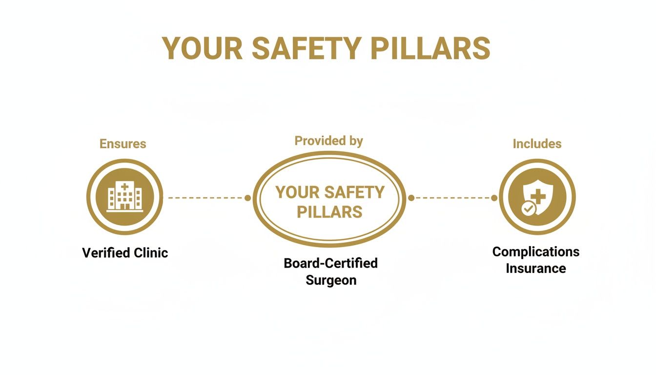 Diagram showing 'Your Safety Pillars': Verified Clinic, Board-Certified Surgeon, and Complications Insurance.