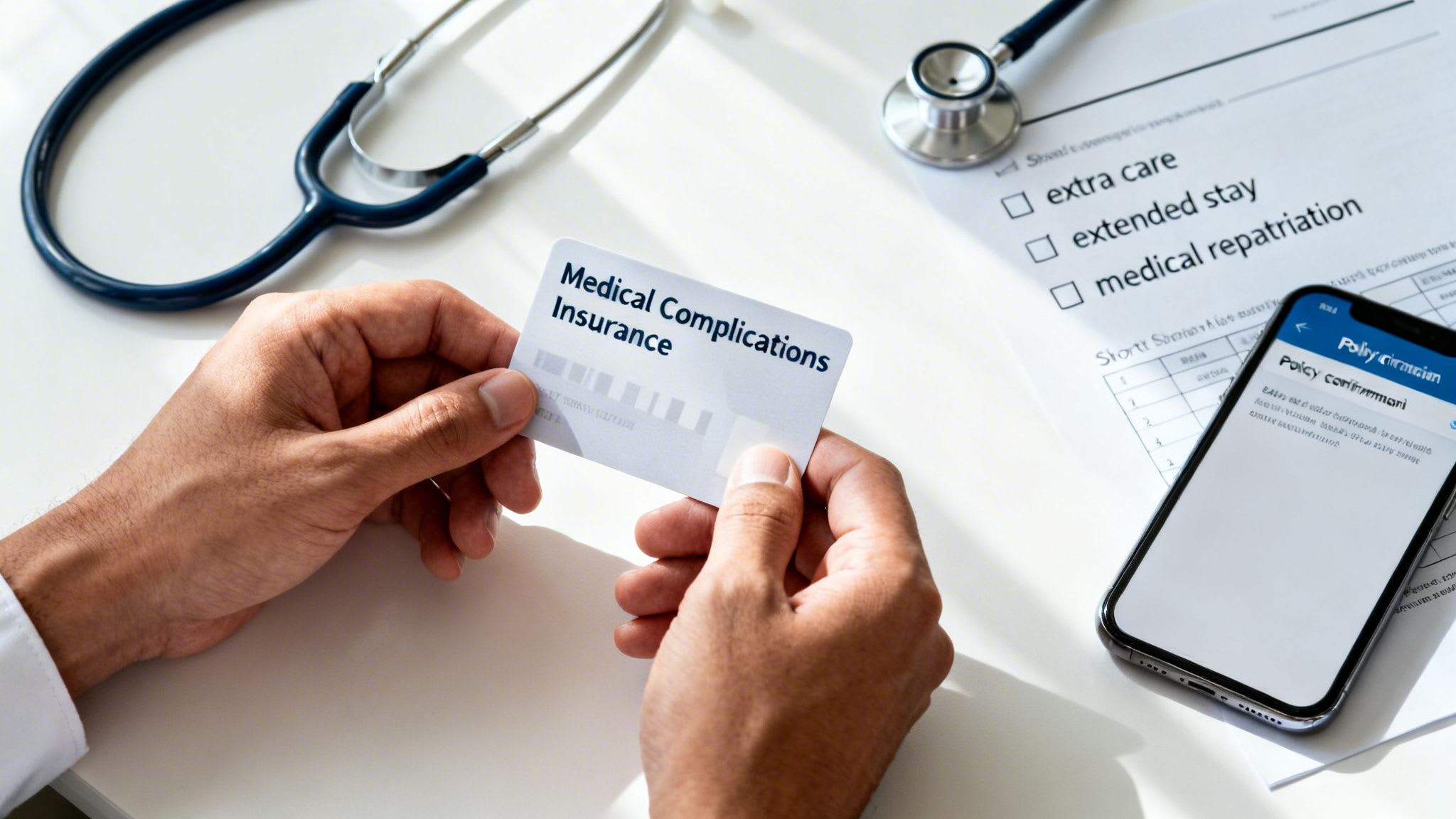 Hands hold a medical complications insurance card on a desk with a stethoscope and phone.