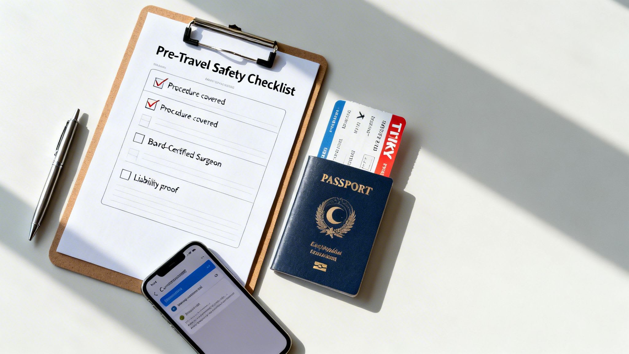 Overhead shot of a pre-travel safety checklist, passport, plane ticket, and smartphone on a white desk.
