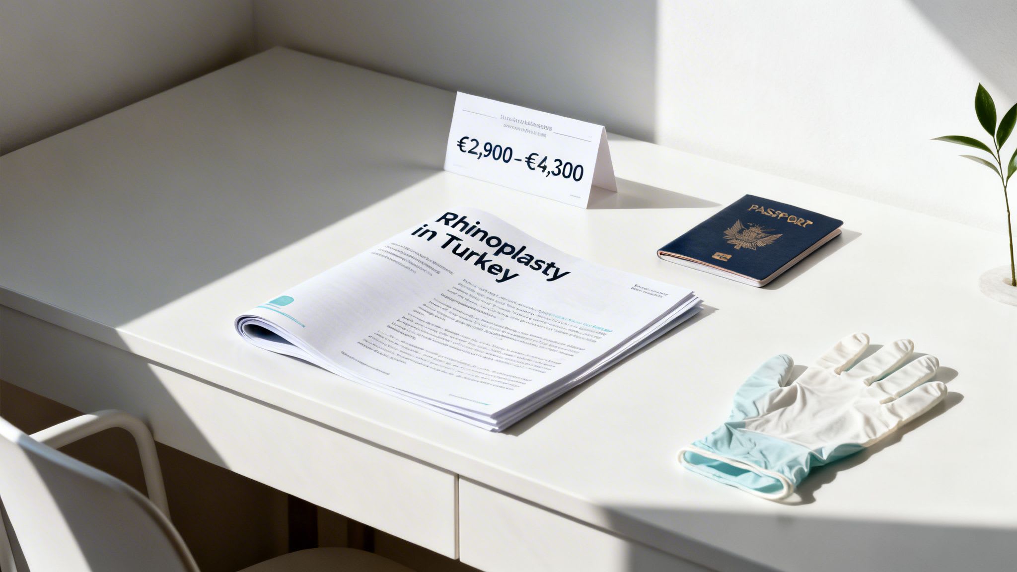 A desk with documents about rhinoplasty in Turkey, a price card, passport, and medical gloves.