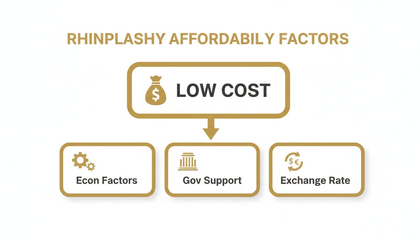 Diagram illustrating rhinoplasty affordability factors, including low cost, economic factors, government support, and exchange rates.