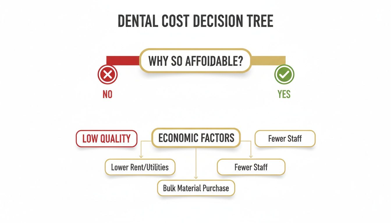 A decision tree illustrating reasons for dental cost affordability, including low quality and economic factors.