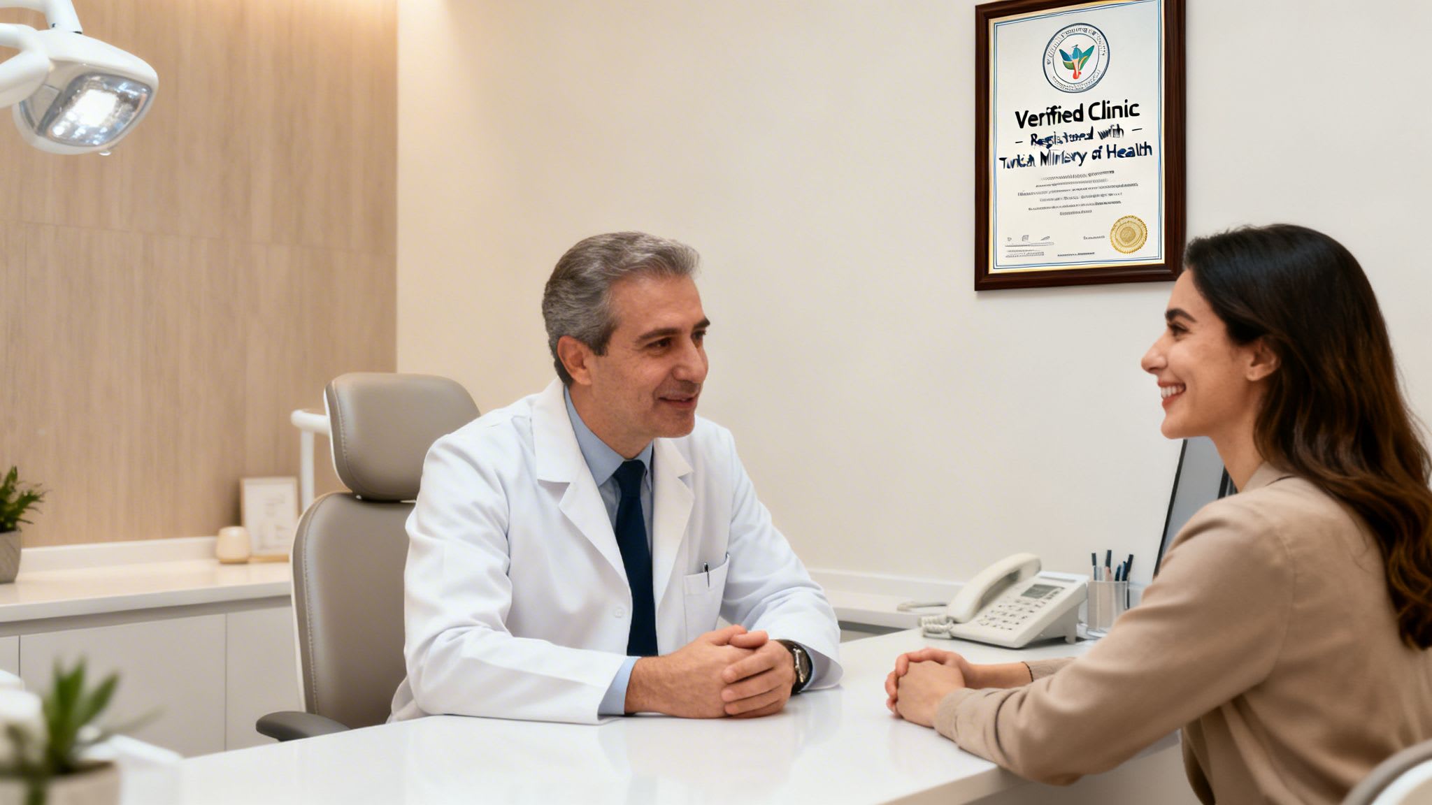 Doctor consults smiling female patient in a modern, verified Turkish dental clinic office.
