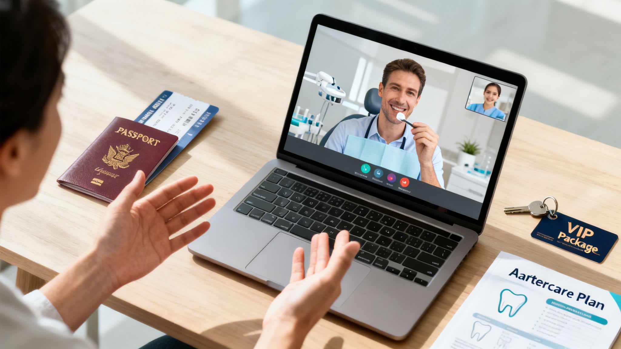 Person on a video call with a dentist, next to passport, boarding pass, and VIP dental plan.