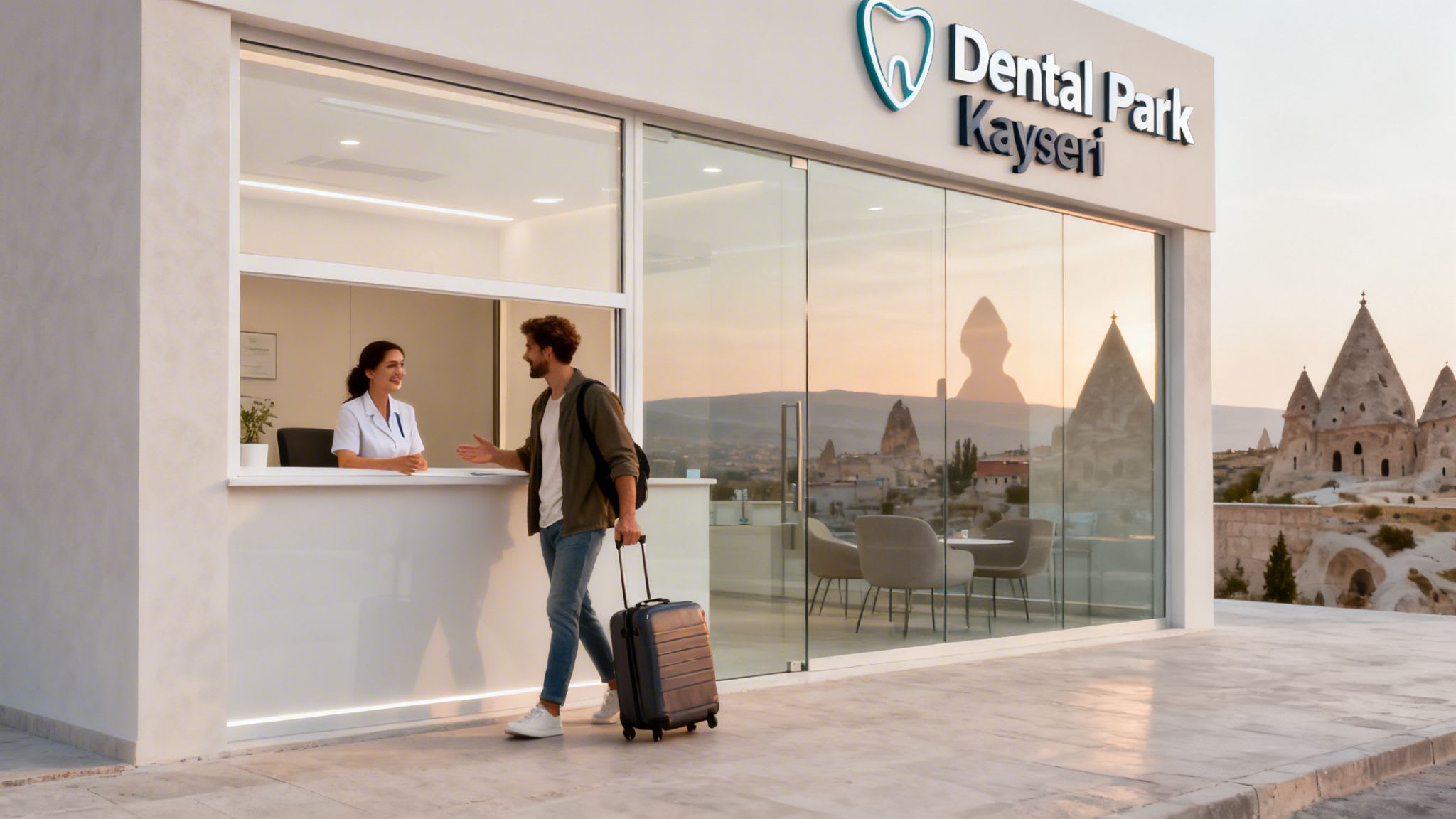 Man with a suitcase at Dental Park Kayseri, talking to a receptionist, with unique rock formations in background.