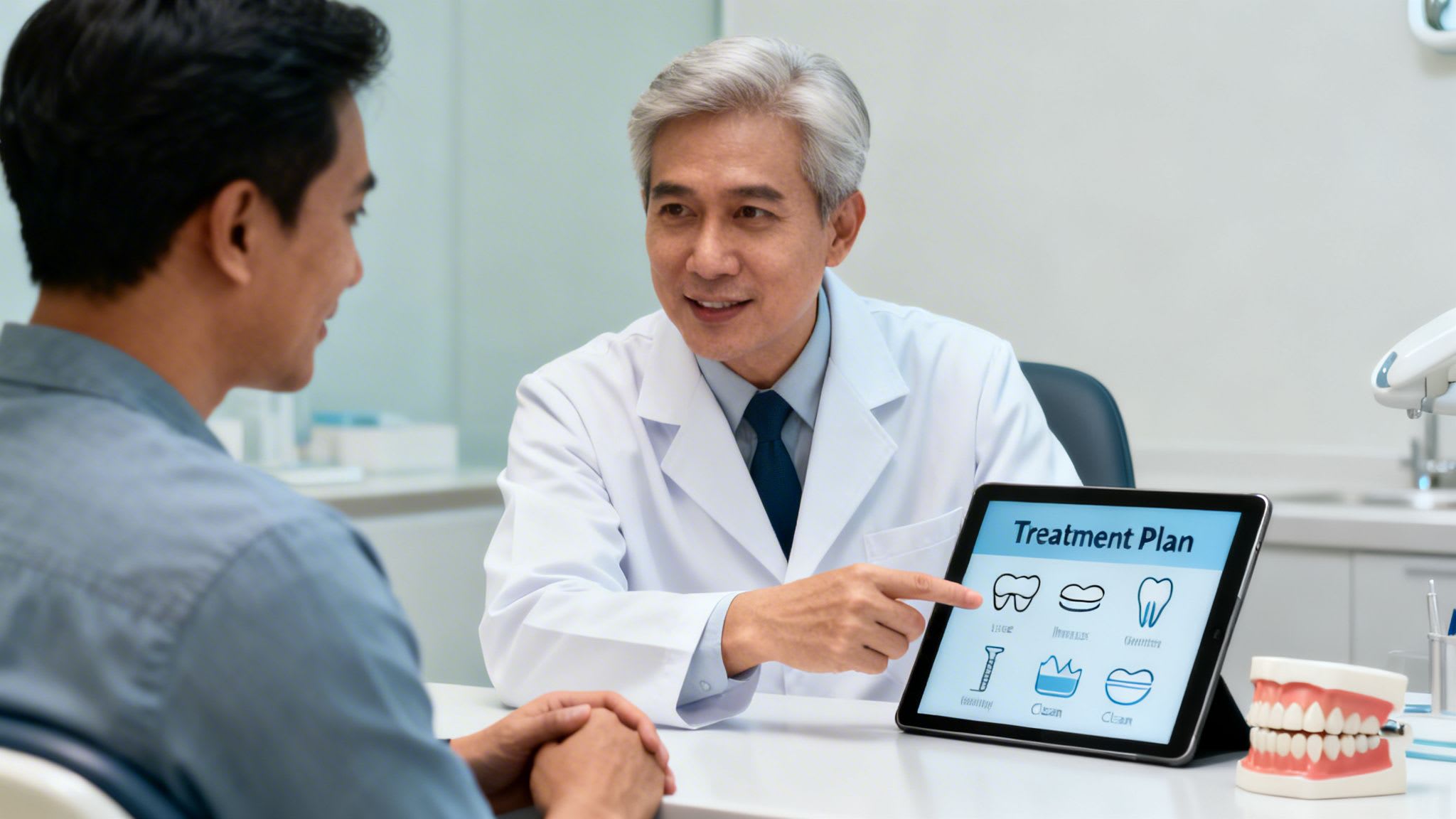 A dentist explains a digital dental treatment plan on a tablet to a patient in a modern clinic.