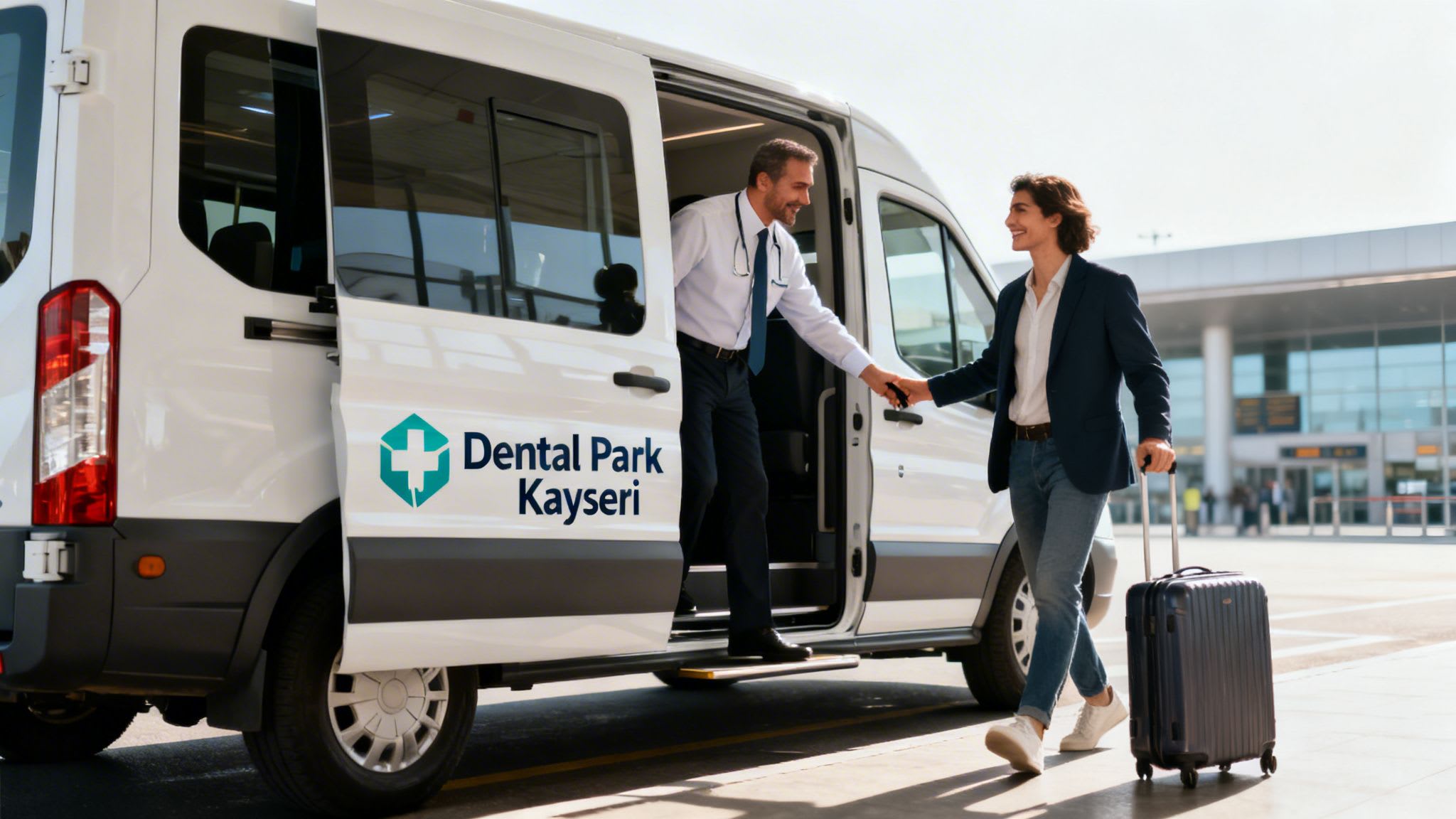 A dental clinic staff member welcomes a patient with a suitcase from a branded transfer van at an airport.