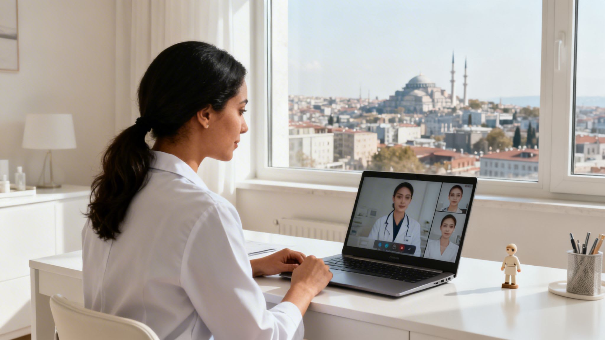 Woman doctor in white coat on a video call with medical colleagues, overlooking a city.