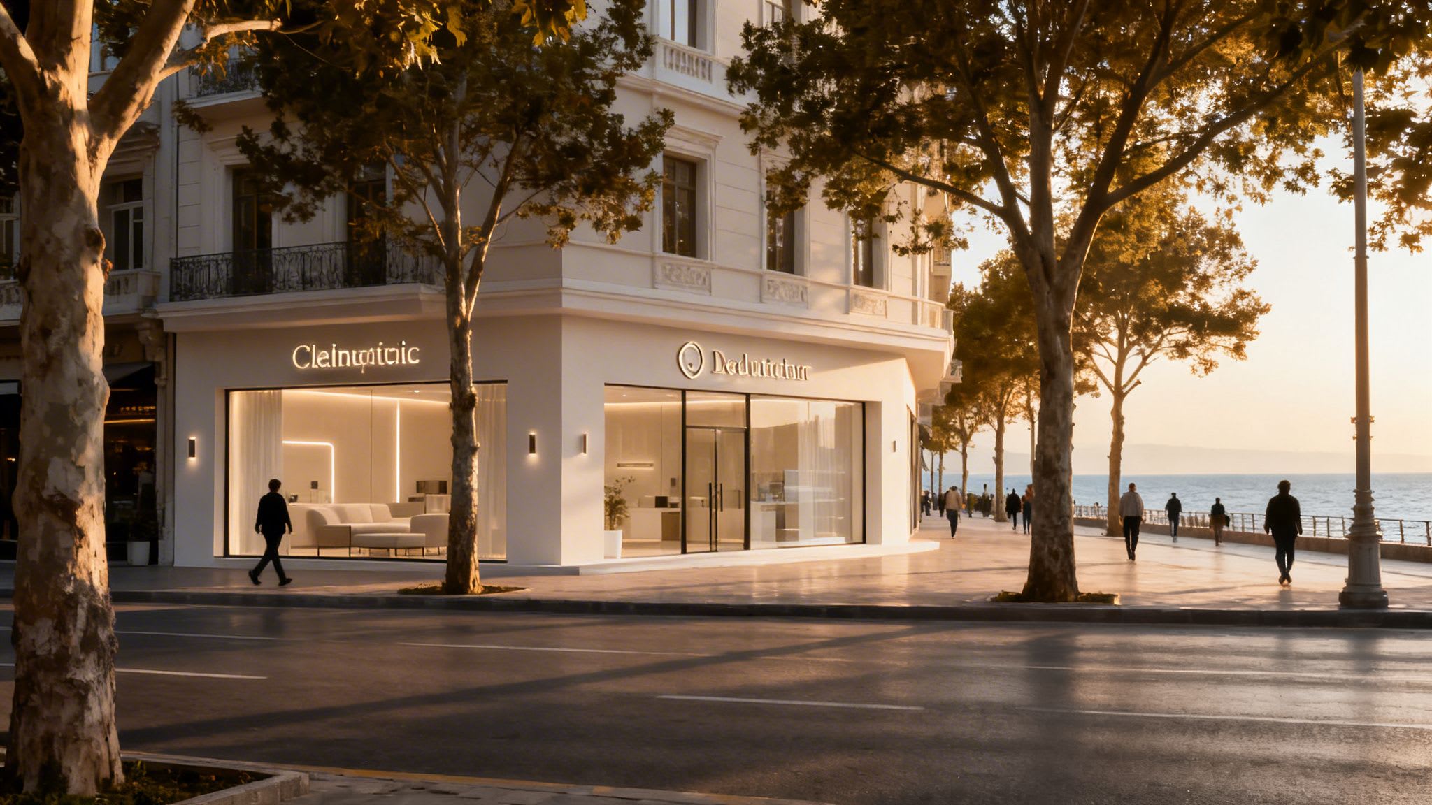 Elegant building with two bright storefronts, people strolling along a sunny coastal promenade.
