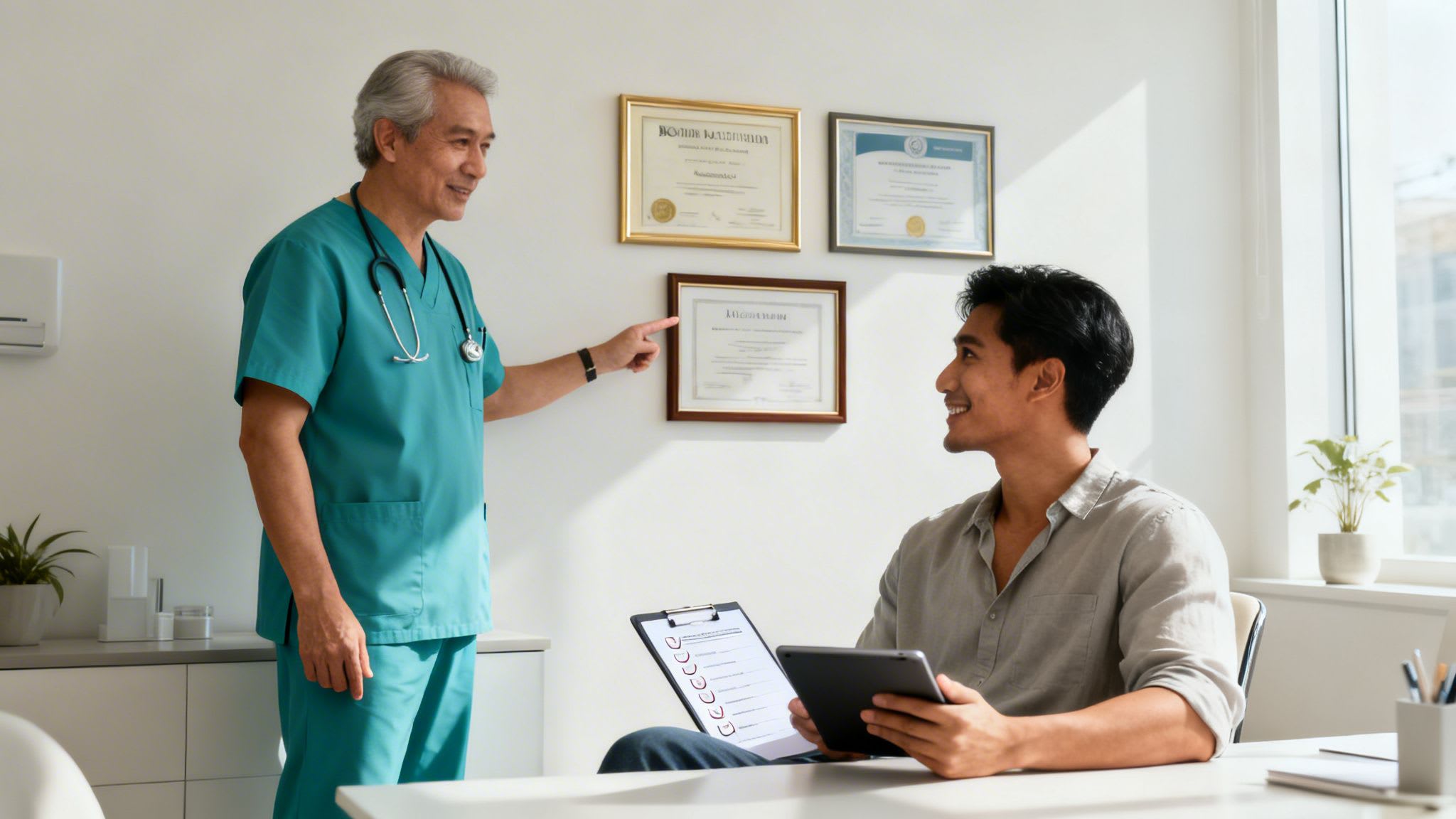 An older doctor in scrubs points to a framed certificate on the wall, while a young male patient smiles.