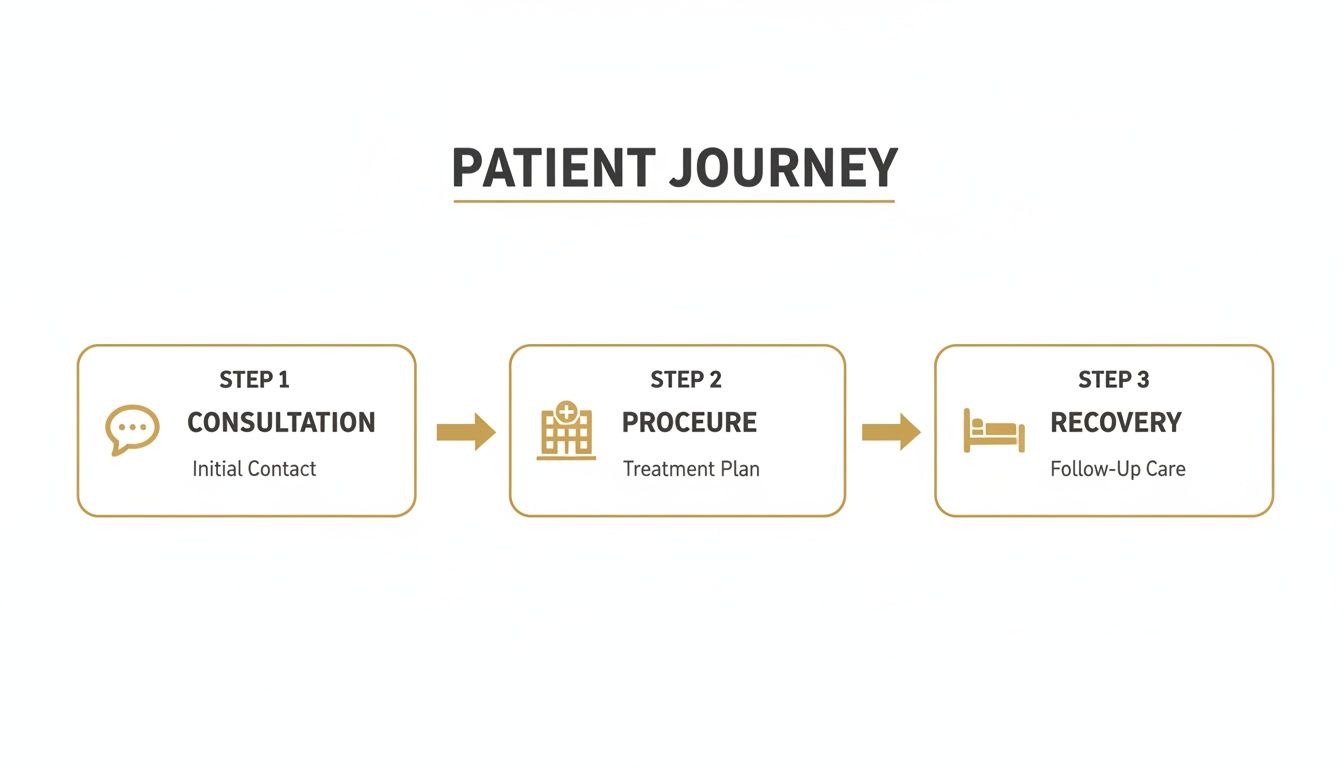 A flowchart illustrating the patient journey in three steps: consultation, procedure, and recovery with icons.