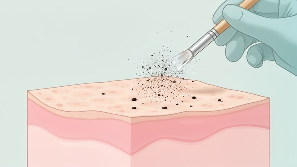 Illustration eines chemischen Peelings auf der Haut, mit einem Pinsel, der die Lösung aufträgt und exfoliert.