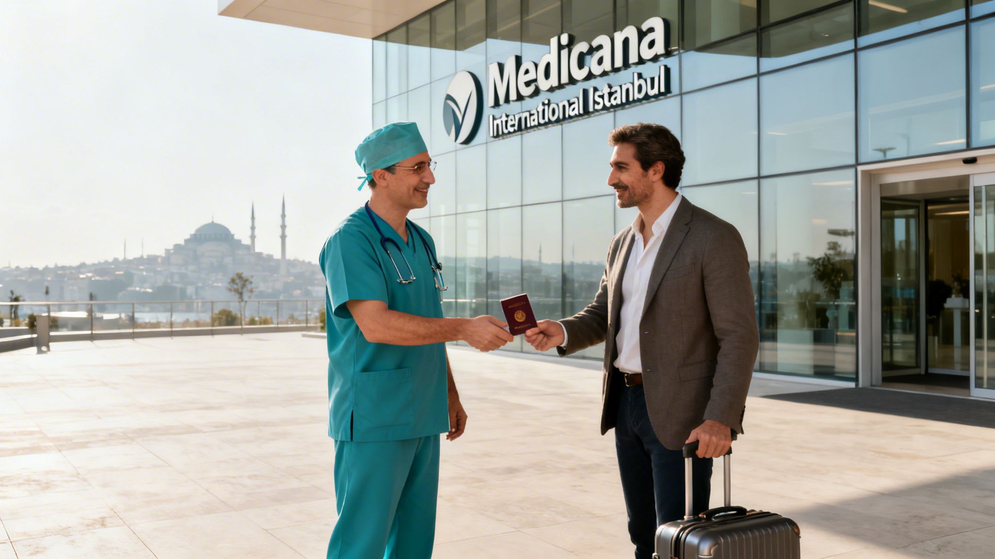 Un professionnel de la santé échange un passeport avec un patient arrivant à Medicana International Istanbul.
