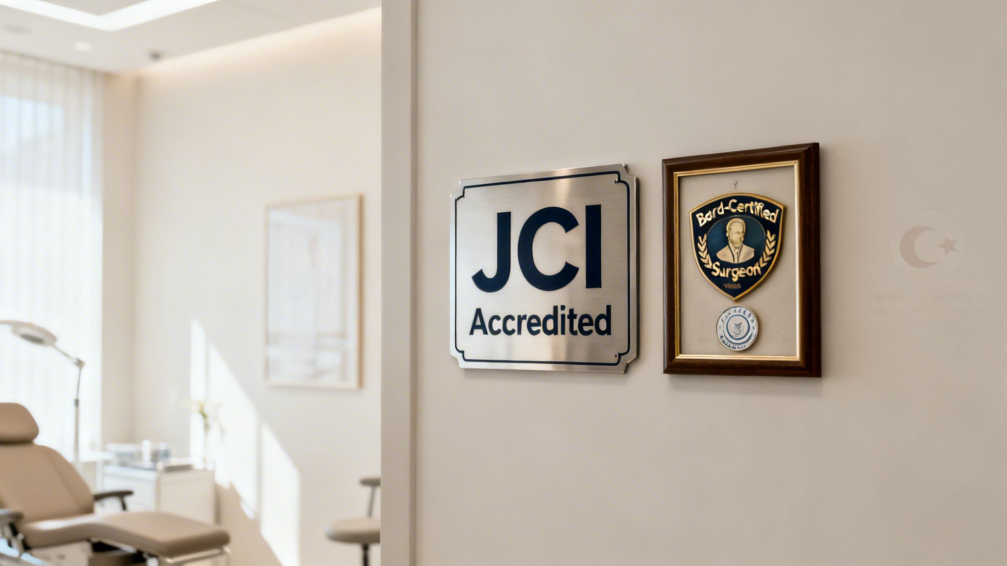 Plaques sur un mur de clinique montrant l'Accréditation JCI et un prix de Chirurgien Certifié par le Conseil.