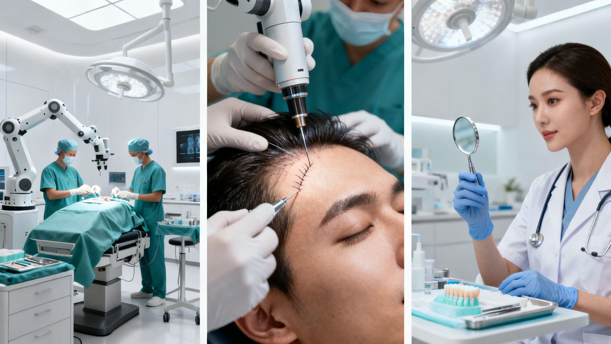 Des médecins effectuent une chirurgie de transplantation de cheveux en utilisant une technologie médicale avancée et une assistance robotique dans une clinique moderne.