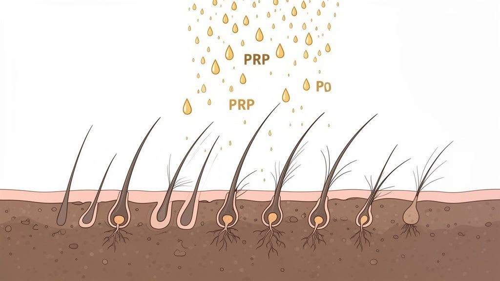 Une illustration du traitement PRP montrant des gouttes dorées stimulant diverses étapes de la croissance des follicules pileux.