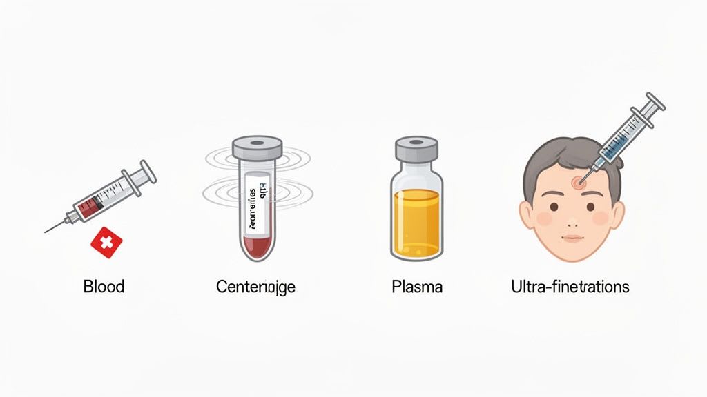 Quatre étapes montrant la collecte de sang, la centrifugation, la séparation du plasma et l'injection dans la tête d'un patient.