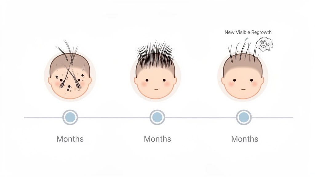 Illustration de chronologie montrant la progression de la croissance des cheveux d'un bébé, passant de clairsemé à plein, avec une nouvelle repousse visible.