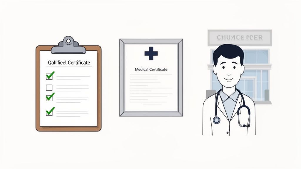 Une illustration montrant un certificat de qualification, un certificat médical et un médecin représentant l'autorisation médicale.