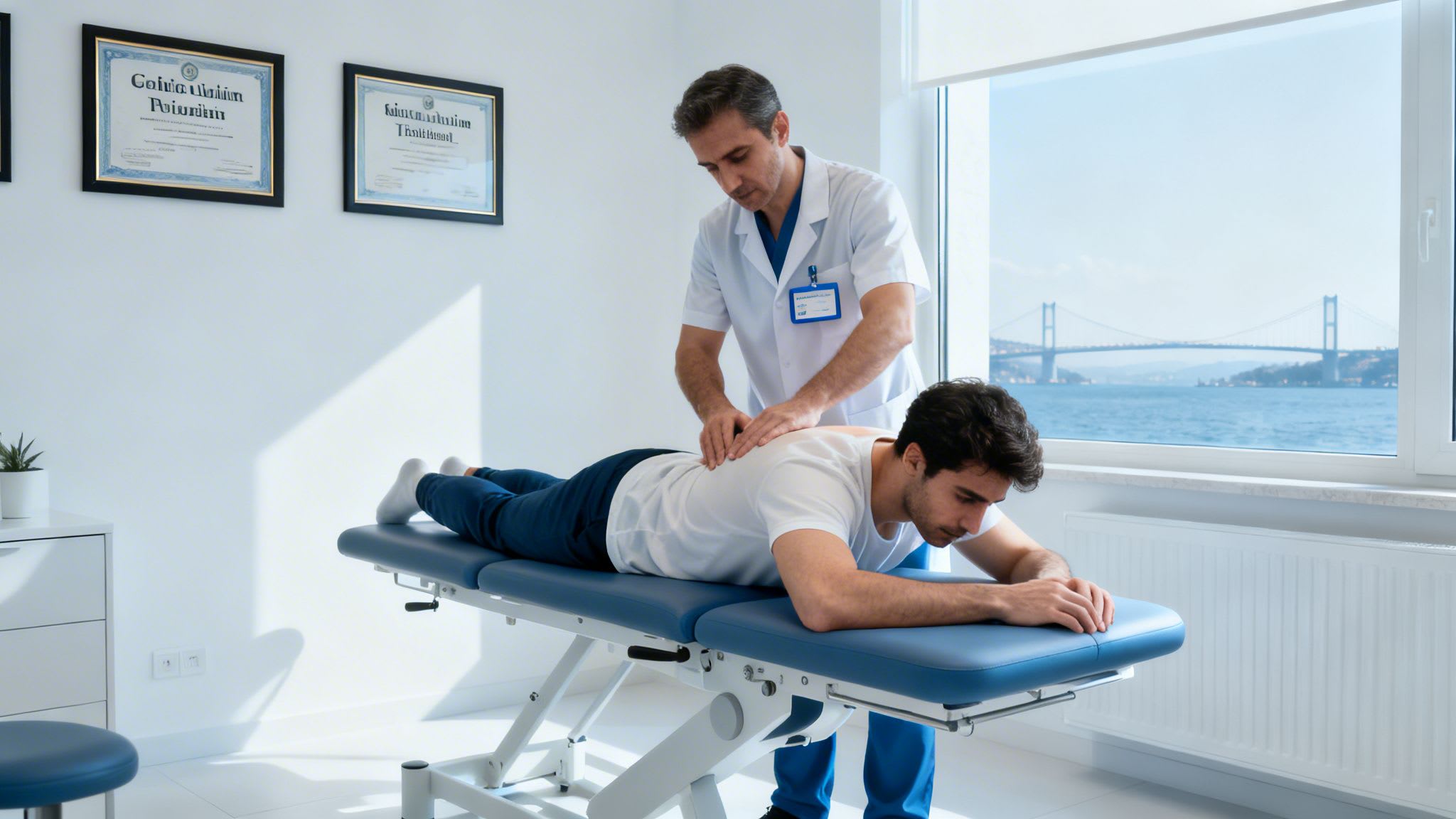 A male chiropractor provides back treatment to a patient lying on a table in a clinic with a city view.