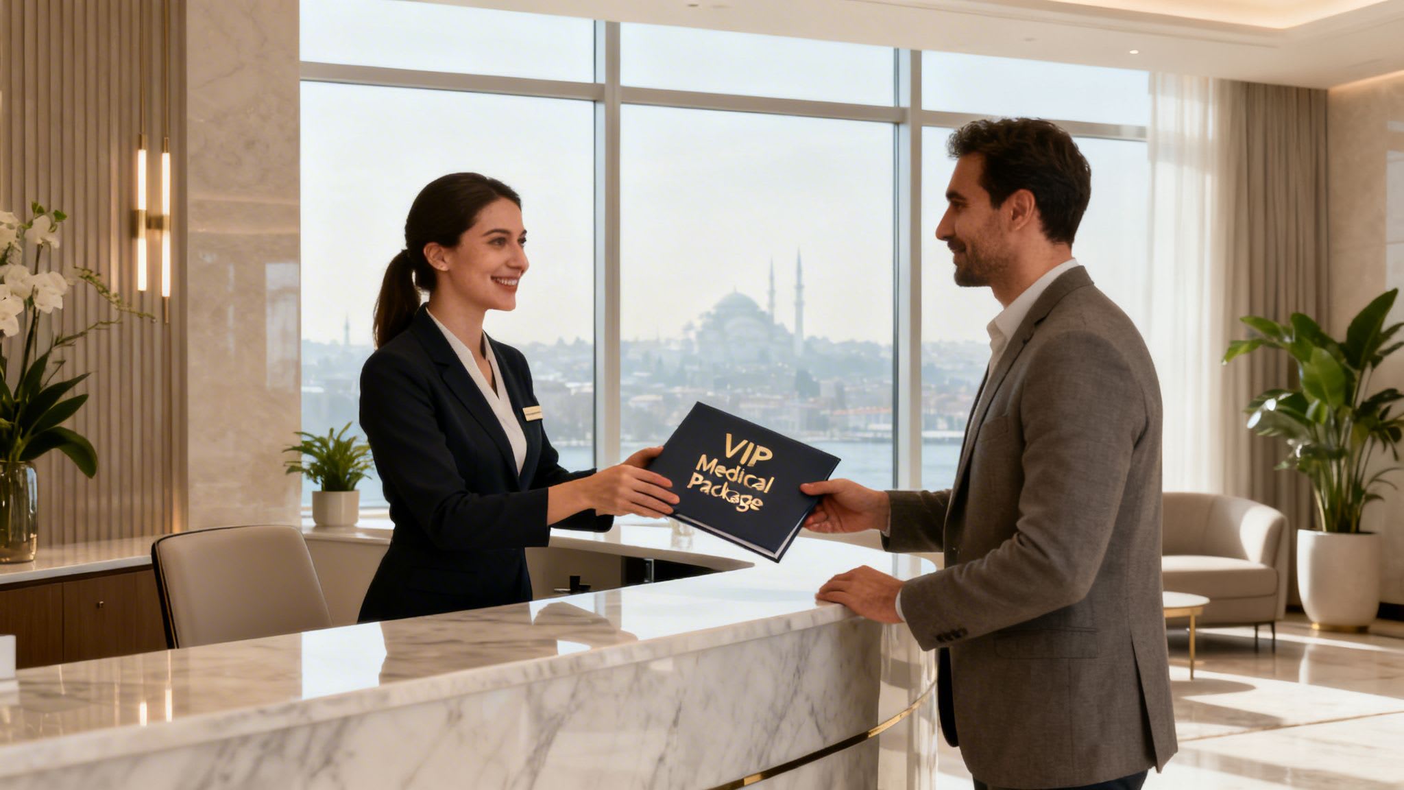 Smiling woman hands a 'VIP Medical Package' to a man at a modern clinic reception with an Istanbul city view.