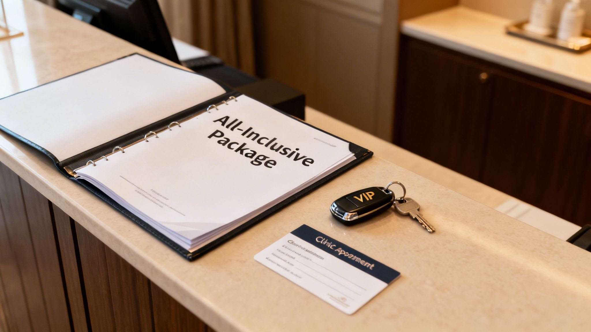 Un classeur de "forfait tout compris", une clé de voiture VIP et une carte de rendez-vous de clinique sur un comptoir.