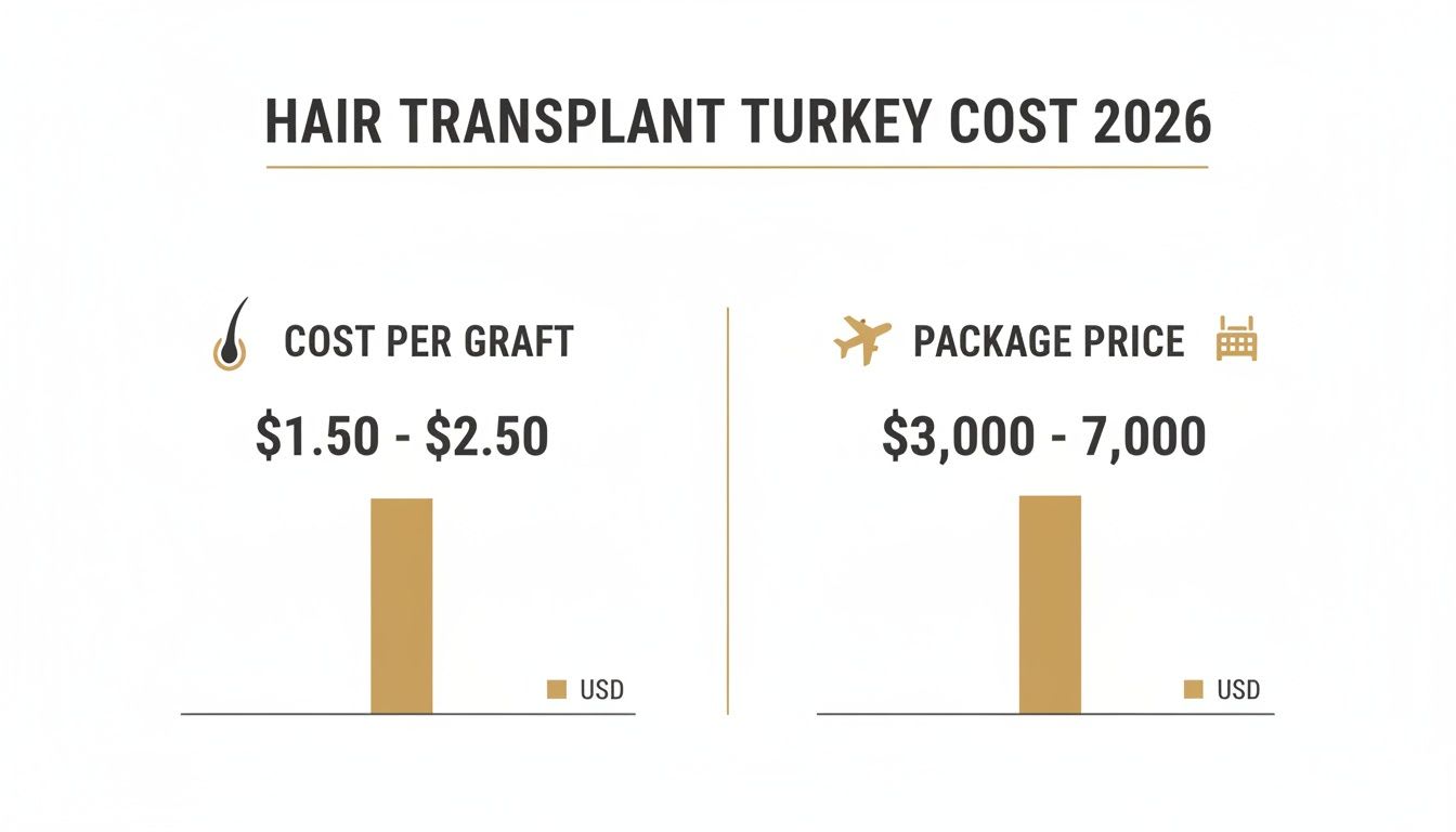 Répartition des coûts de greffe de cheveux en Turquie pour 2026, montrant les prix des greffons et des forfaits en USD.