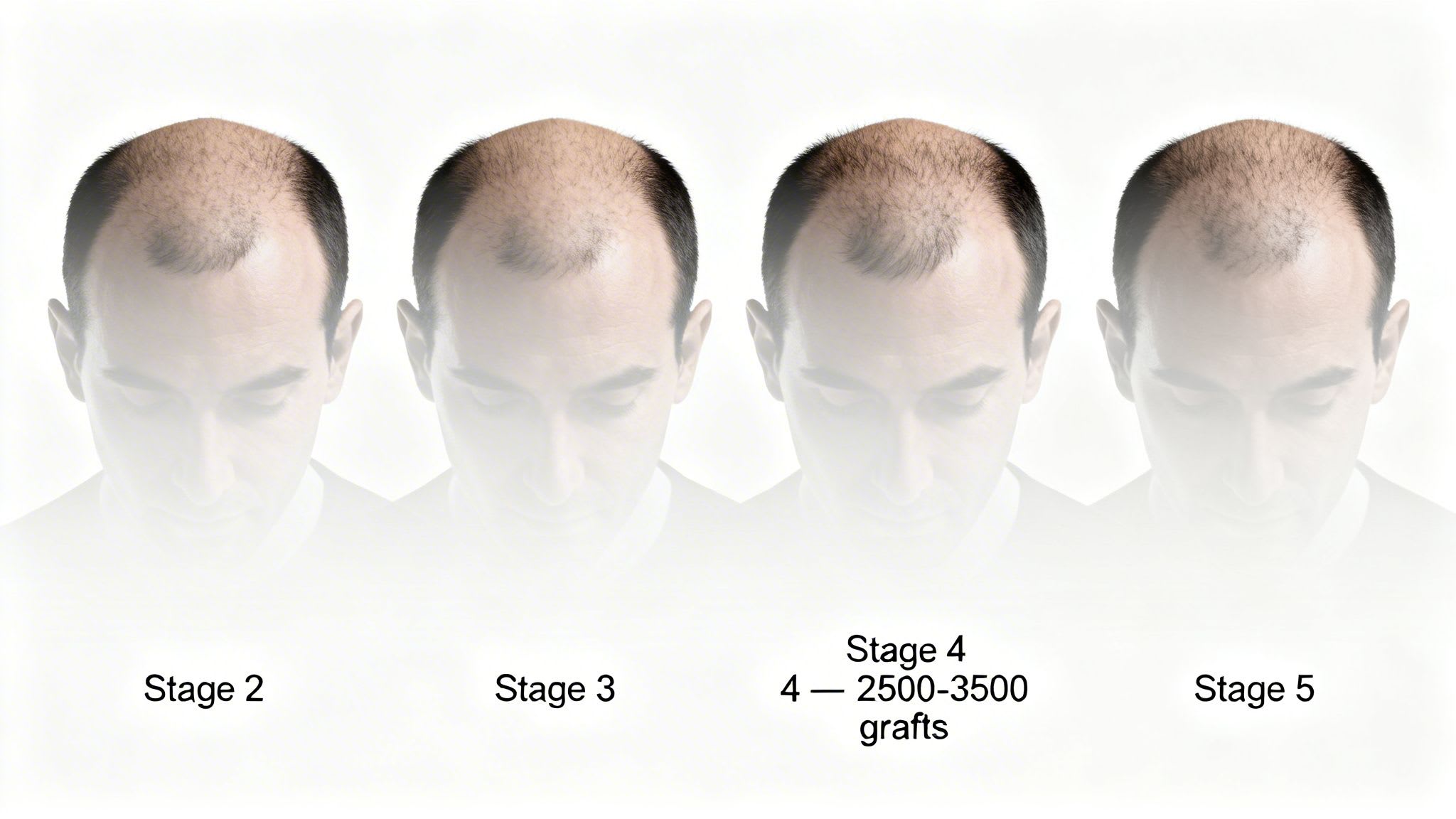 Quatre images montrant les stades de perte de cheveux masculine 2, 3, 4 et 5, avec des comptes de greffons suggérés.