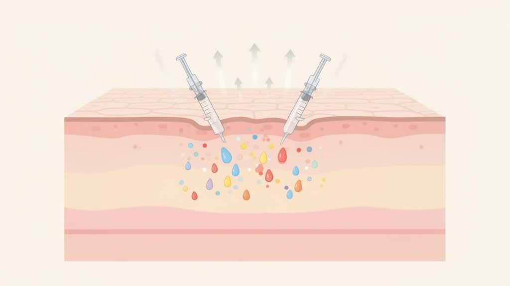 Zwei Spritzen injizieren farbige Lösungen in Hautschichten und veranschaulichen den Prozess einer Mesotherapie-Behandlung.