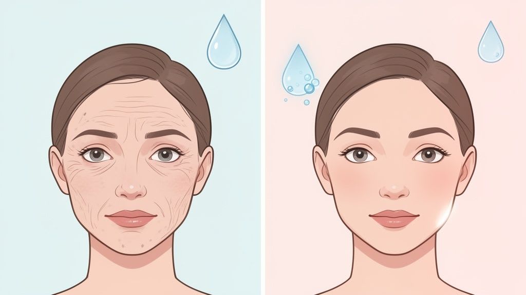 Illustration eines Gesichts einer Frau vor und nach der Hautbefeuchtung, die reduzierte Falten und glattere Haut zeigt.