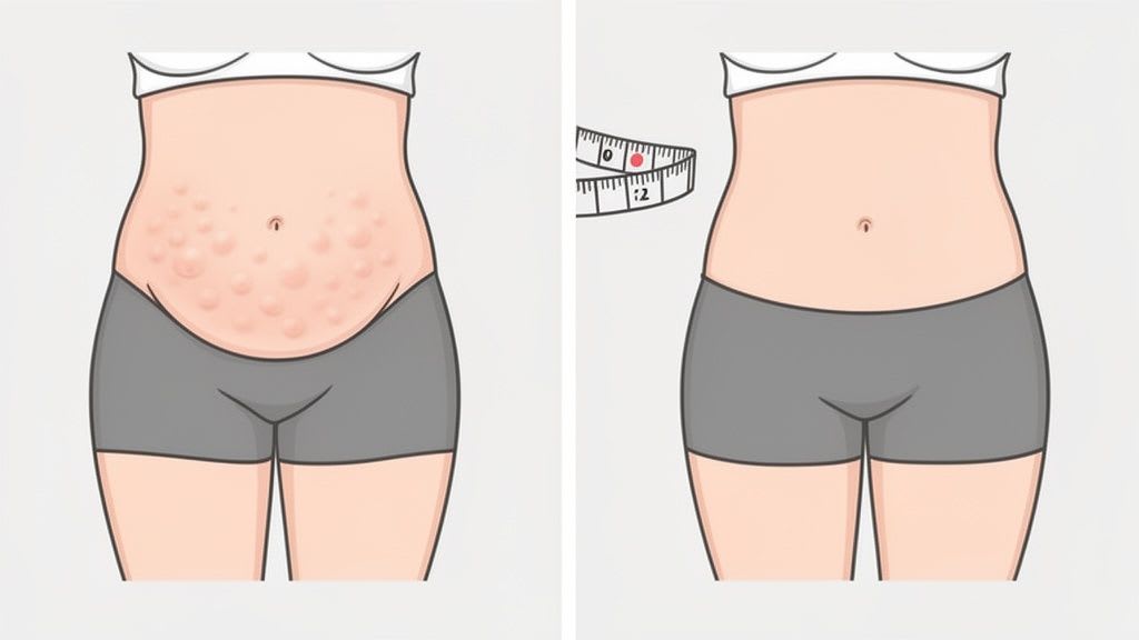 Illustration, die einen buckeligen Bauch vor und einen glatten Bauch nach der Behandlung zeigt, mit einem Maßband.