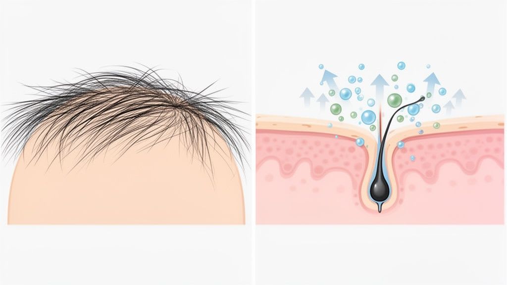Illustration von Haarausfall (dünner werdende Kopfhaut) links und einer Haarfollikelbehandlung rechts.
