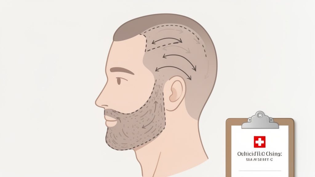 Diagramma che mostra il profilo di un uomo con linee tratteggiate e frecce che indicano le aree per una procedura di trapianto di capelli e barba.