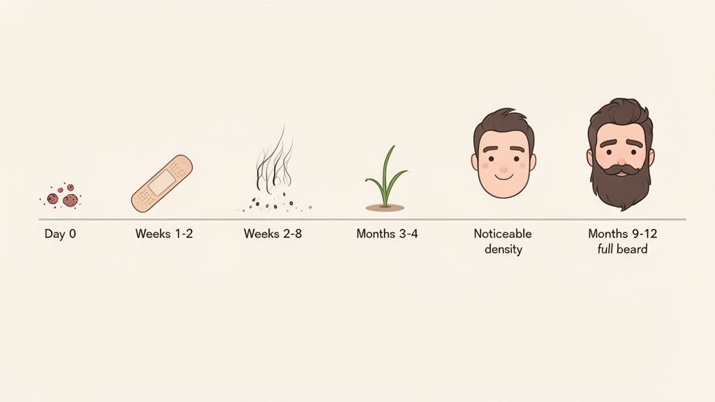 Cronologia illustrativa che mostra il recupero e le fasi di crescita del trapianto di capelli per barba nel corso di 9-12 mesi.