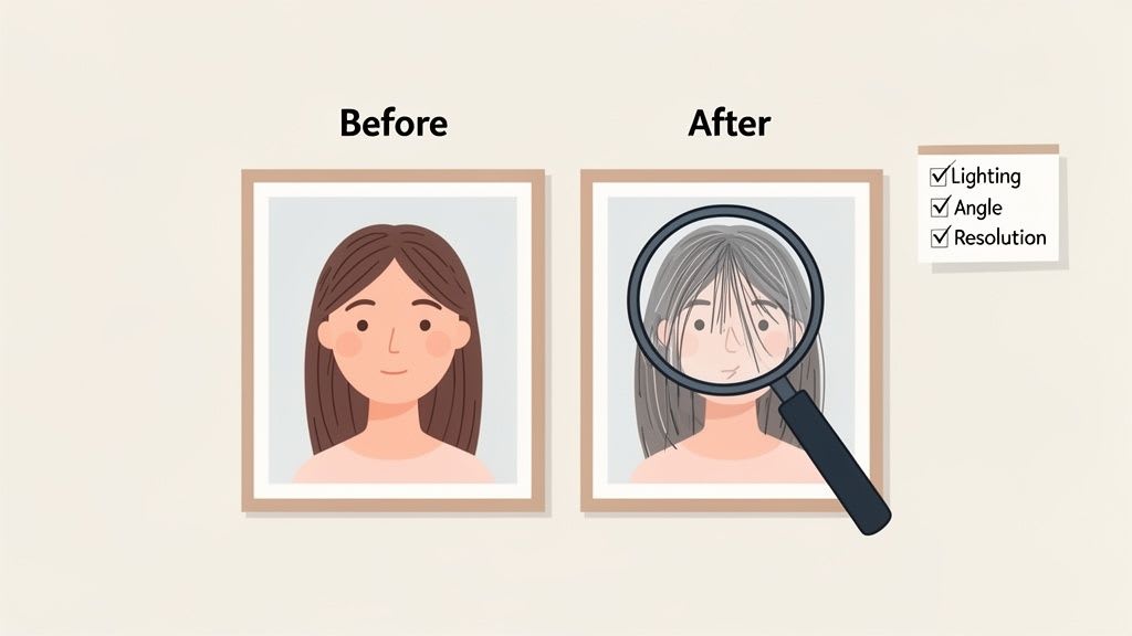 Confronto illustrato prima e dopo di una persona, evidenziando i dettagli dei capelli con una lente d'ingrandimento e una lista di controllo.