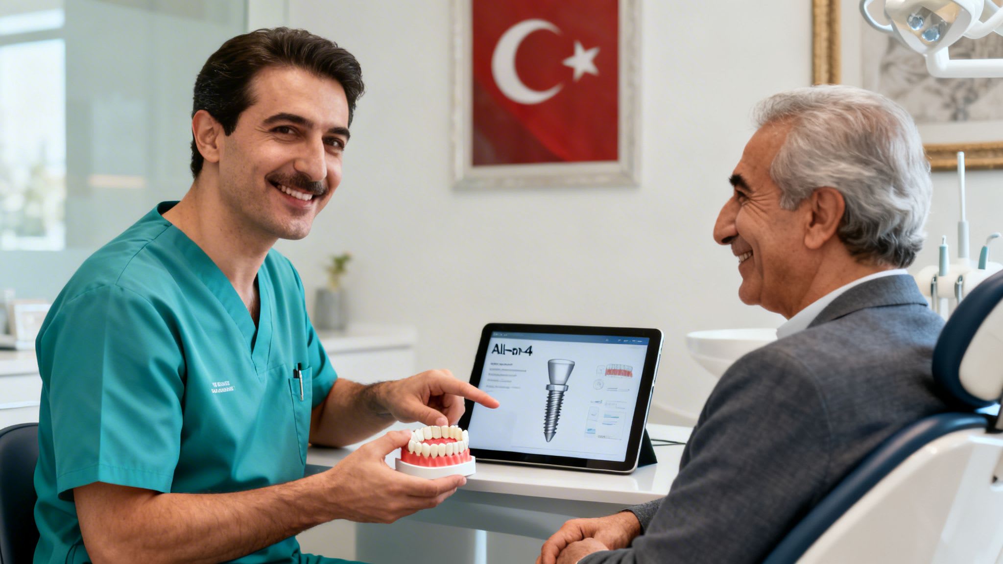 A smiling dentist in Turkey explains All-on-4 dental implants using a model and tablet to an elderly patient.
