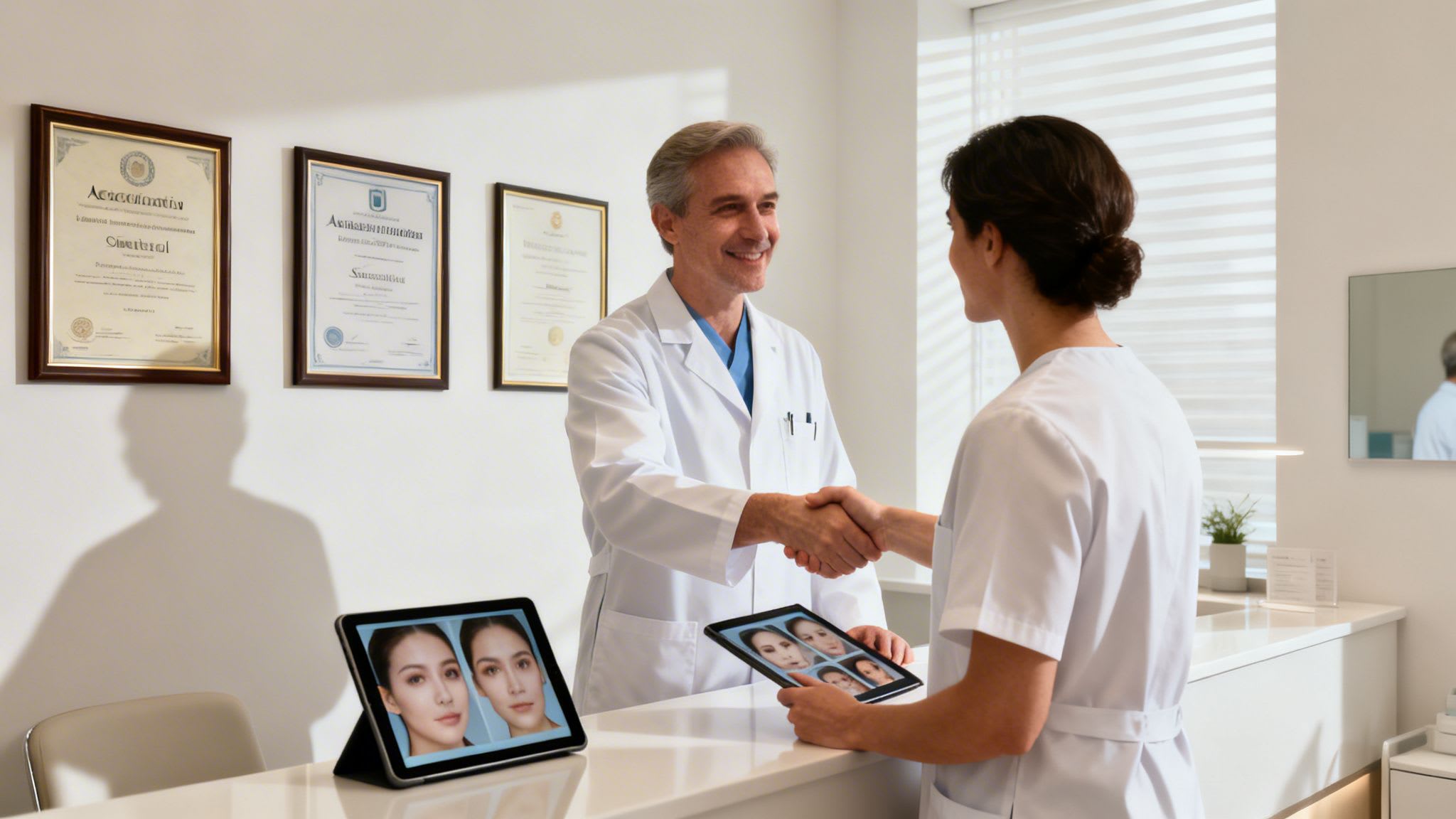 A male doctor and female receptionist shake hands in a modern clinic reception area with tablets showing faces.