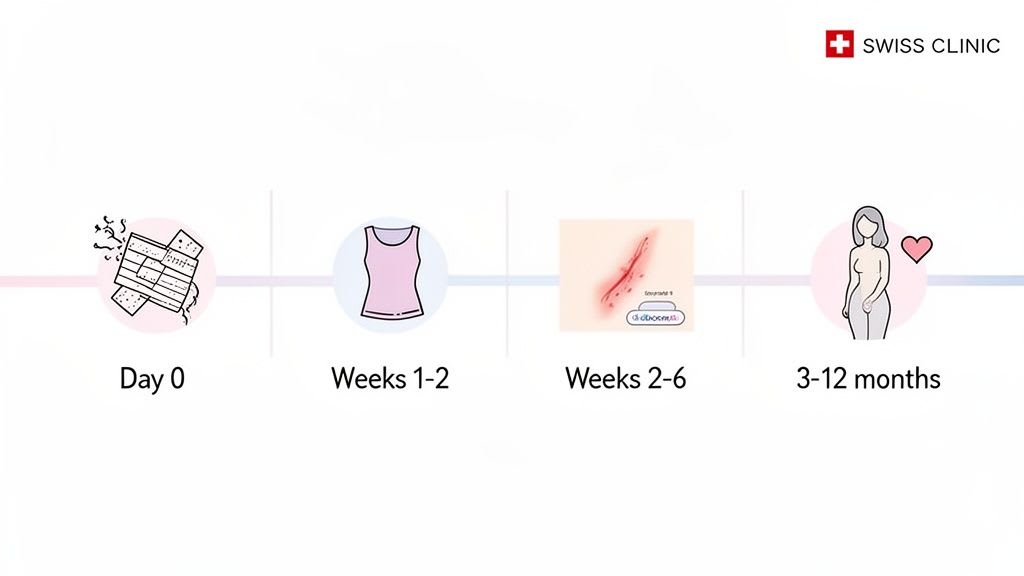Timeline of breast surgery recovery process, showing stages from bandages to scar treatment and full recovery.