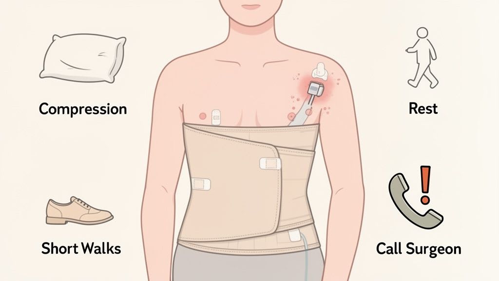 Illustration of a person wearing a chest compression garment with post-operative care instructions.