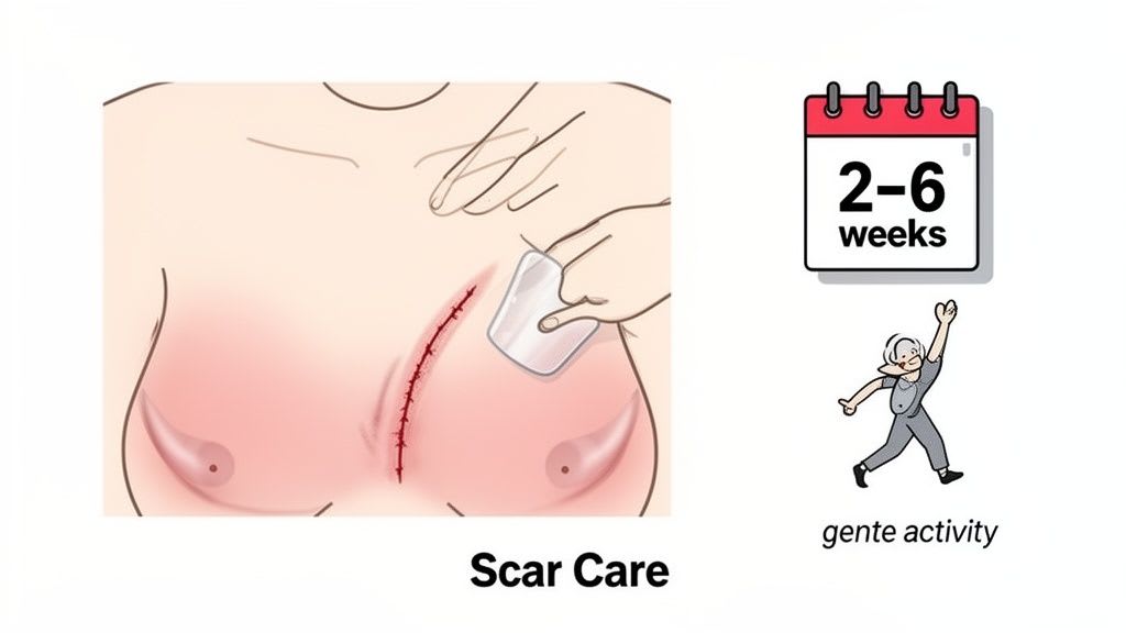 Illustration showing breast surgery scar care, a 2-6 weeks recovery timeline, and gentle activity.