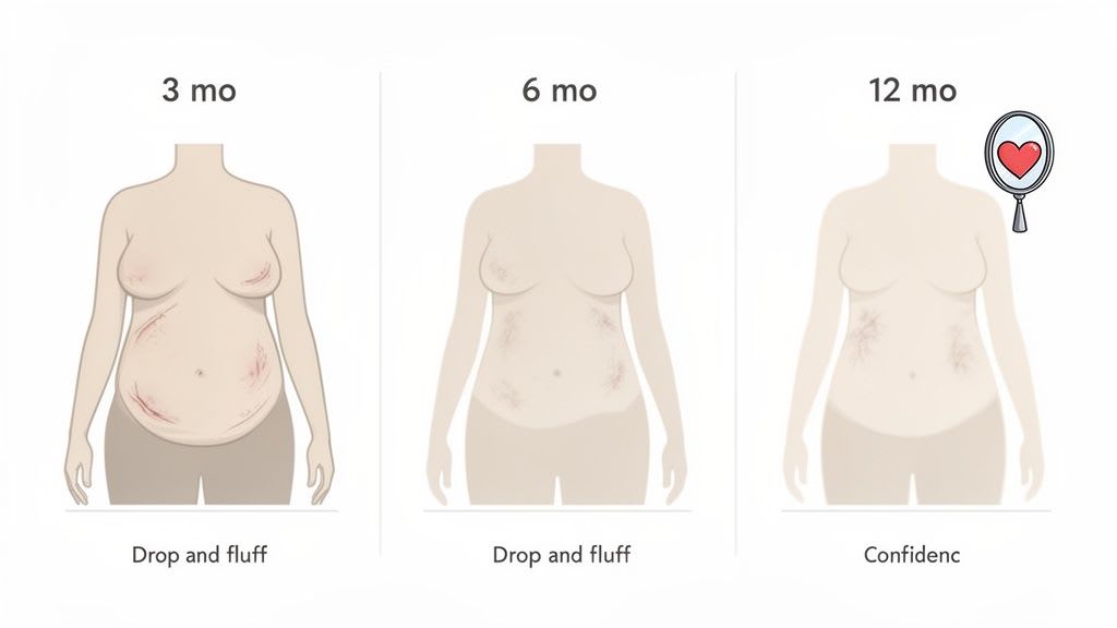Illustration showing a woman's torso healing from surgery at 3, 6, and 12 months, with increasing confidence.