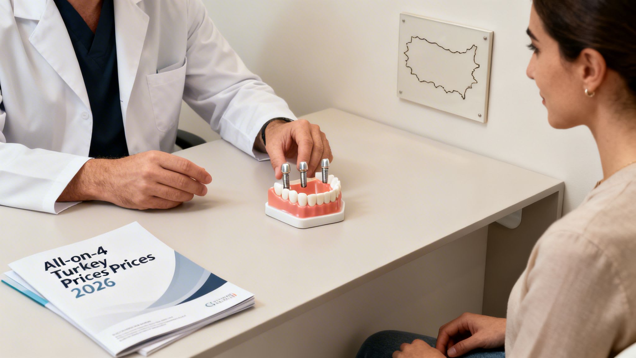 Doctor shows dental implant model to a patient, with a 'All-on-4 Turkey Prices' brochure on desk.